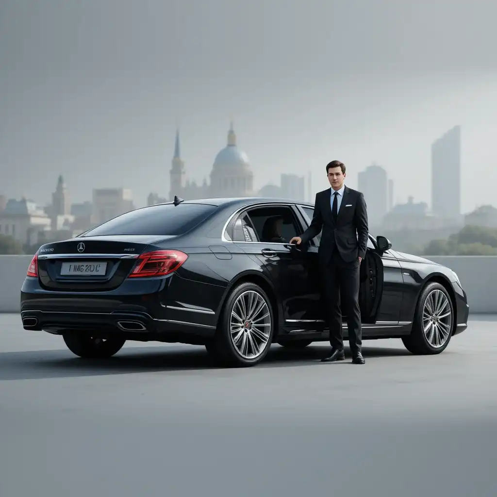a chauffeur driver stand with black car