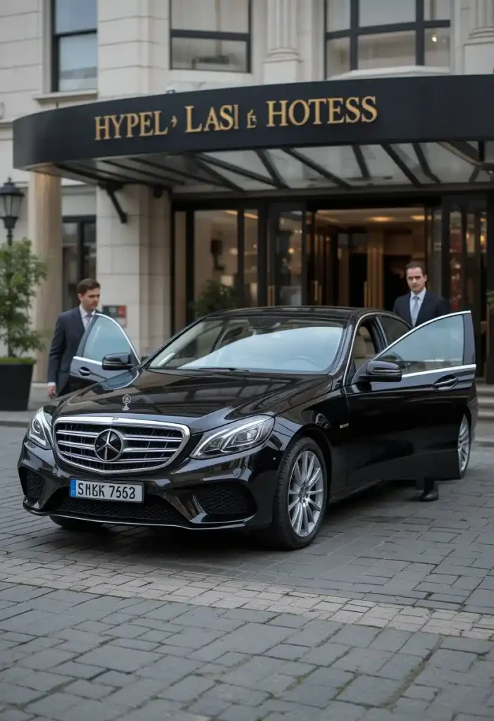 Two chauffeur private driver stand behind the car.