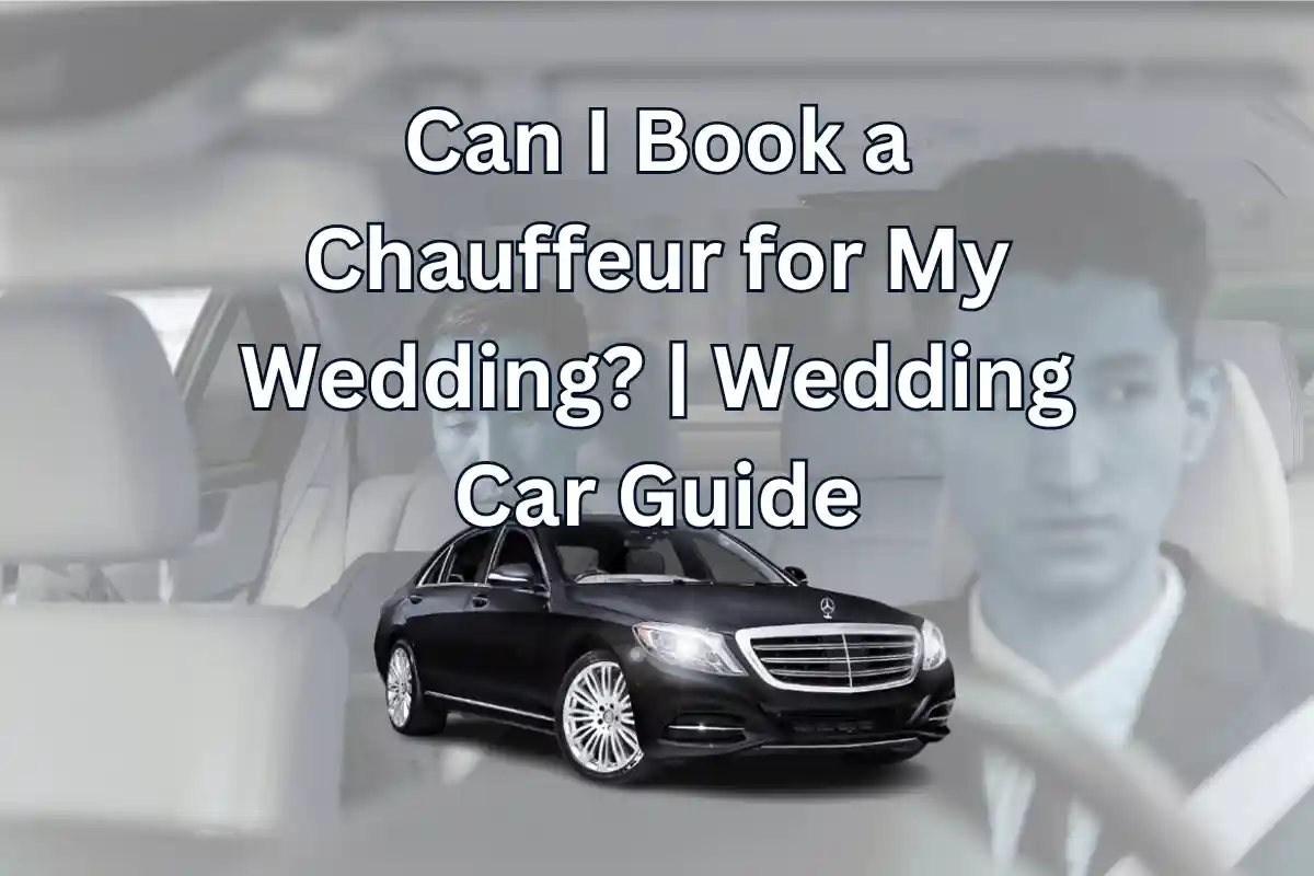 Bride and groom in a luxury car with professional chauffeur on wedding day